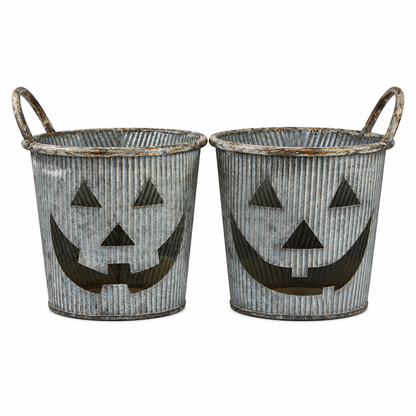 13990 - Set of Two 14X6" Double Metal Pumpkin Buckets |F-25|