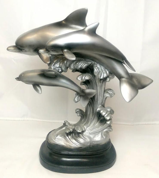 7593 - 14.5" Three Silver Dolphins Statue - |Z-19|