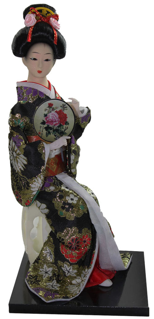 7774 - 10" Gold Geisha Black and Gold Kimono Doll - Ring Fan - |X-42|