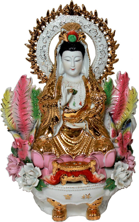 9591 - 16" Color Ceramic Quan Yin - Sit Lotus - [Bu-Floor]