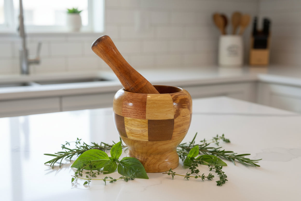 9634 - Wood Mortar and Pestle 4" INLAID WOOD - |9-20|