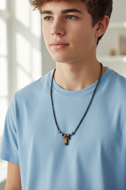 14678 - Tiger Eye Cross Necklace - |Clear-55 Store|