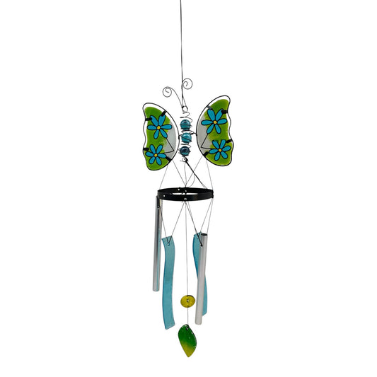 1431 - Blue/Green Glass Butterfly Wind Chime With Flower-Accent Wings 18-Inch |G-8|