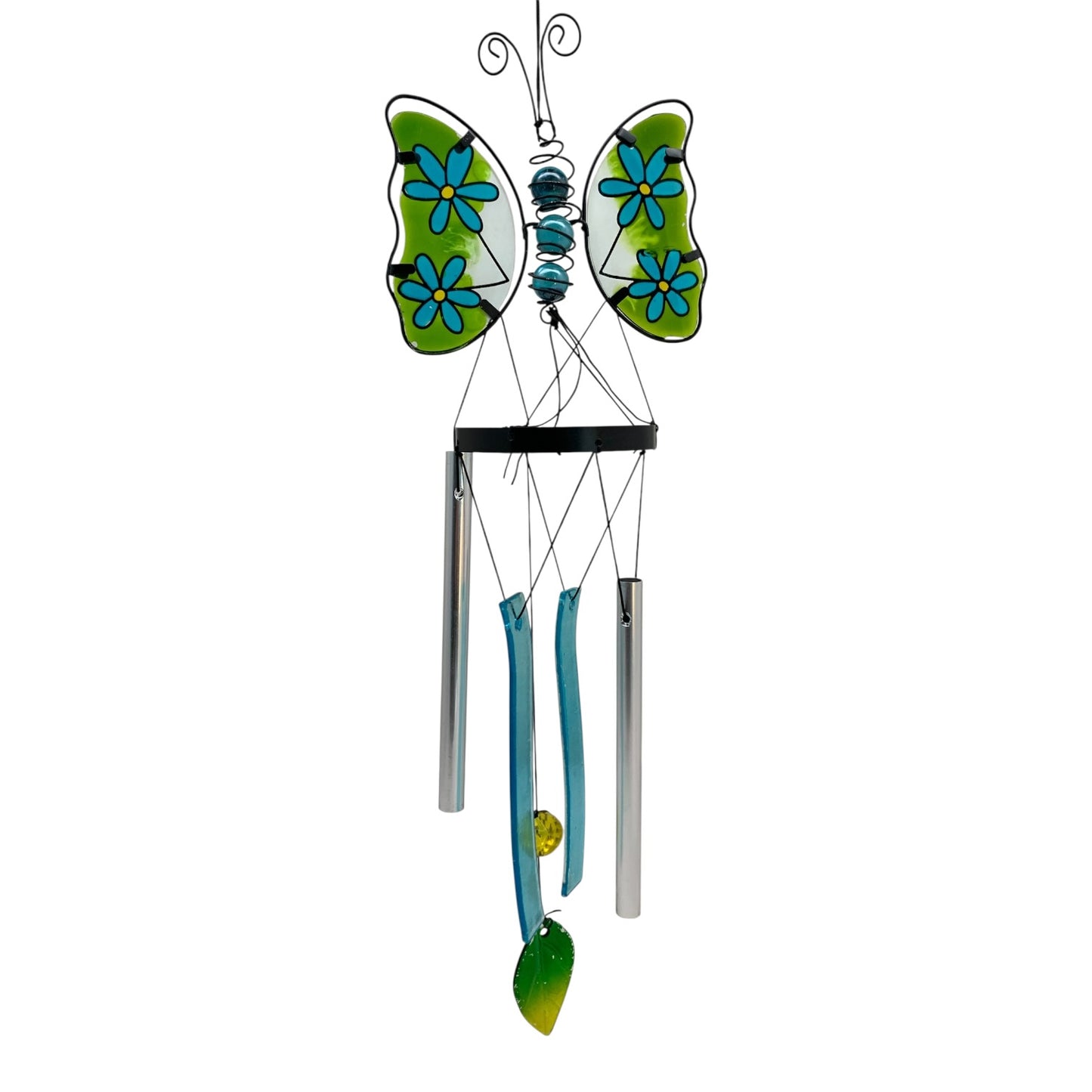 1431 - Blue/Green Glass Butterfly Wind Chime With Flower-Accent Wings 18-Inch |G-8|