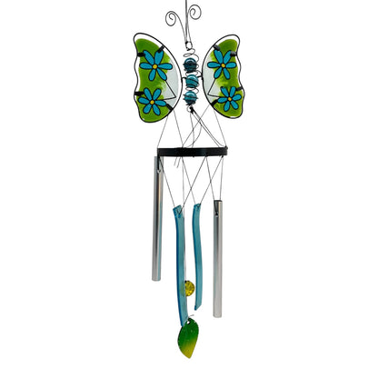 1431 - Blue/Green Glass Butterfly Wind Chime With Flower-Accent Wings 18-Inch |G-8|