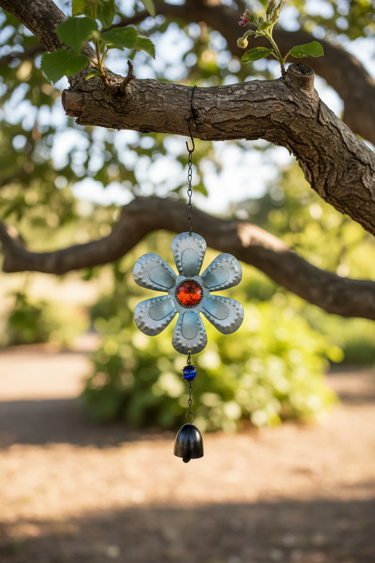 28669 - 15" Metal Silver Flower Windchime Red Jewel |G-7|