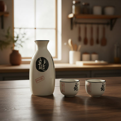 5186 - 3 pc White Sake Set with Black and Red Design 6" |10-15|