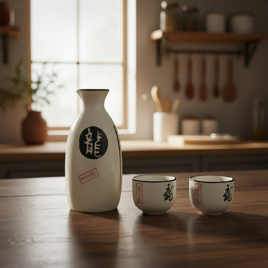 5186 - 3 pc White Sake Set with Black and Red Design 6" |10-15|