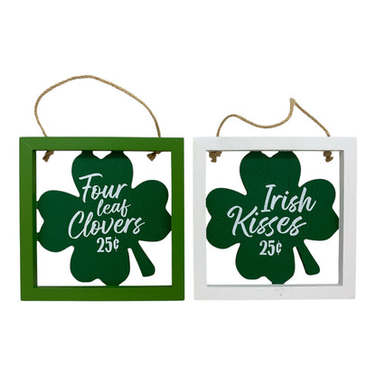 33688 - Set of Two Wooden Irish Kisses and Four-Leaf Clovers Sign 6 Inch |Pod 1-9|