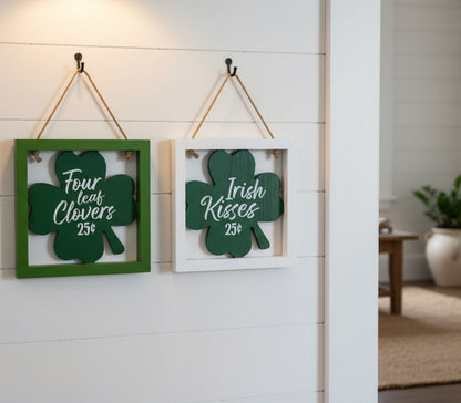 33688 - Set of Two Wooden Irish Kisses and Four-Leaf Clovers Sign 6 Inch |Pod 1-9|