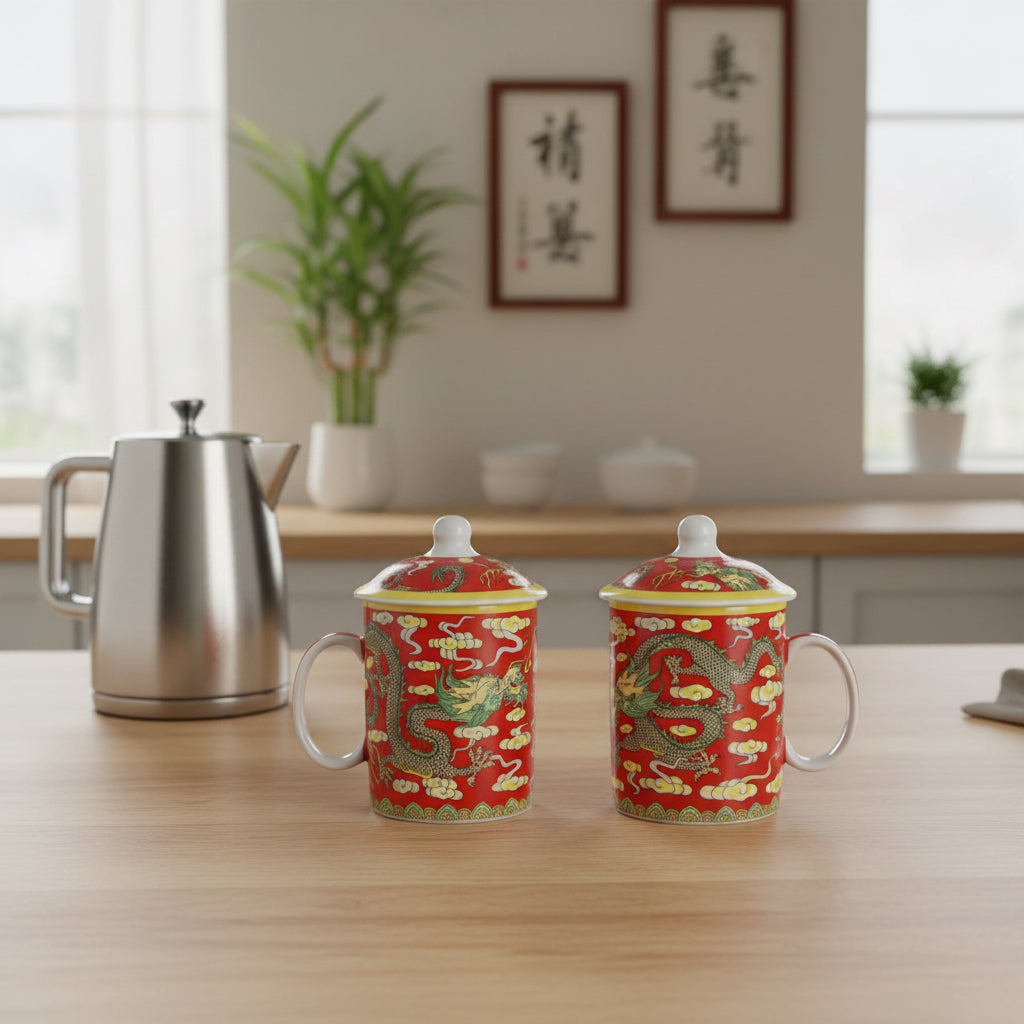 6852 - Set Of Two Red Tea Cup With Dragon Design Mug With Lid 4" |7-20 Pod 3-34|