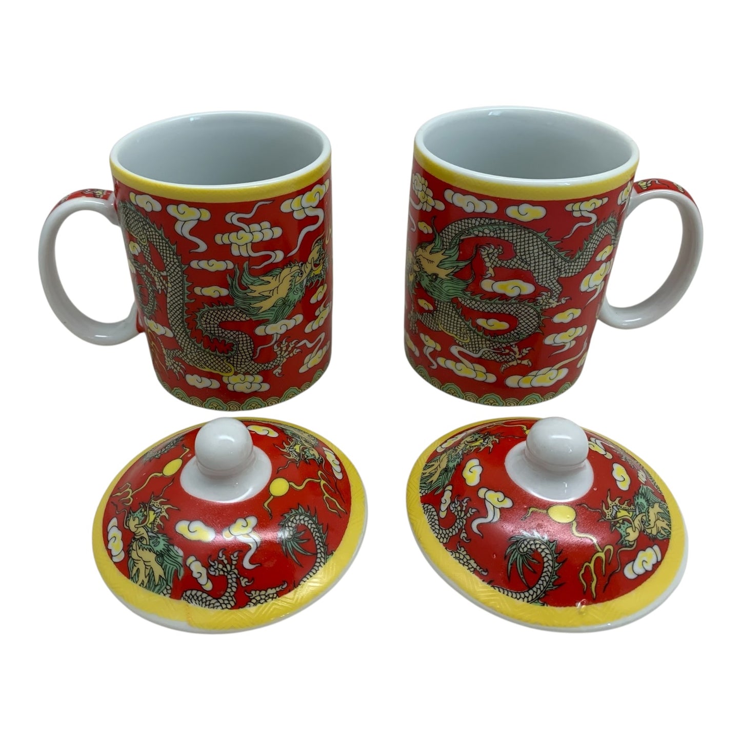 6852 - Set Of Two Red Tea Cup With Dragon Design Mug With Lid 4" |7-20 Pod 3-34|
