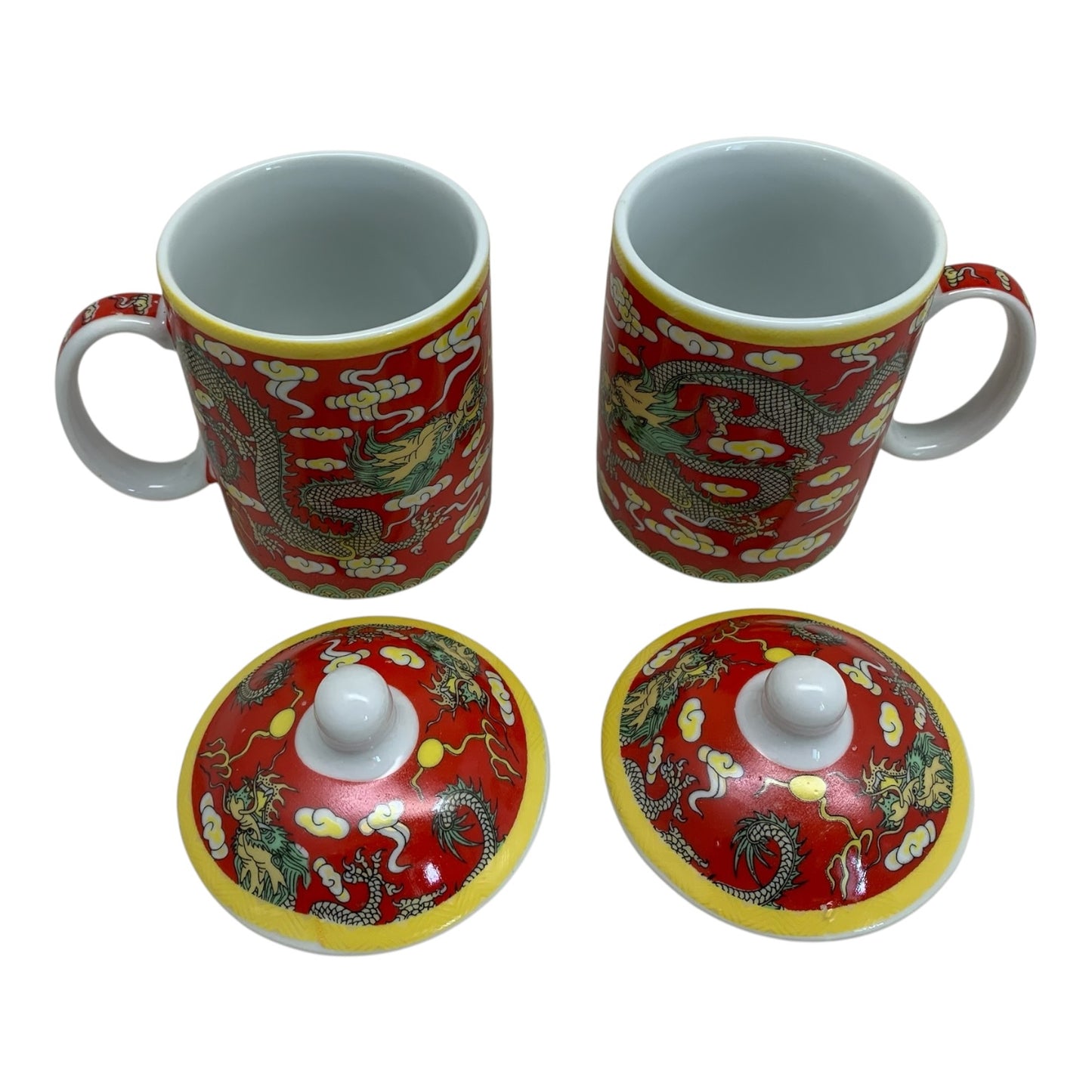 6852 - Set Of Two Red Tea Cup With Dragon Design Mug With Lid 4" |7-20 Pod 3-34|