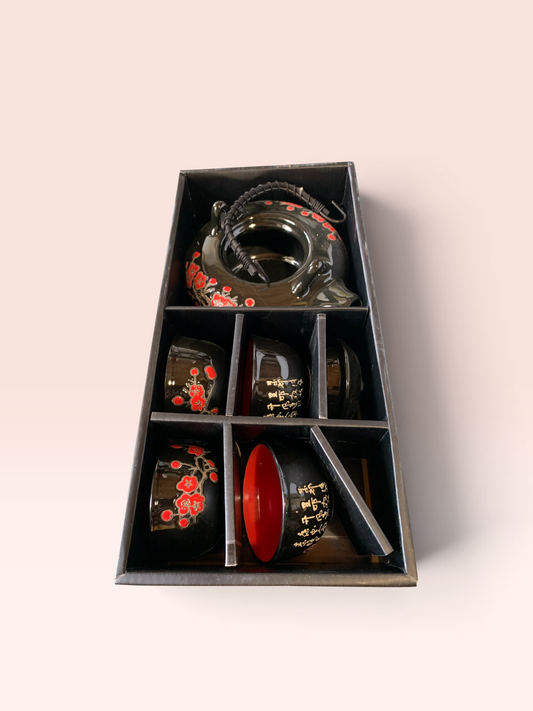 17338 - Five Piece Tea Set Black w/ Red Flowers 14" Tray Not Included |11-18|