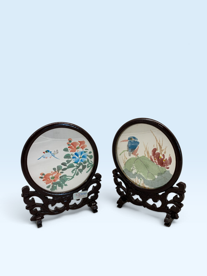 276 -Round Framed Butterfly and Flowers Motifs 6" Wood Stand Set |18-31|