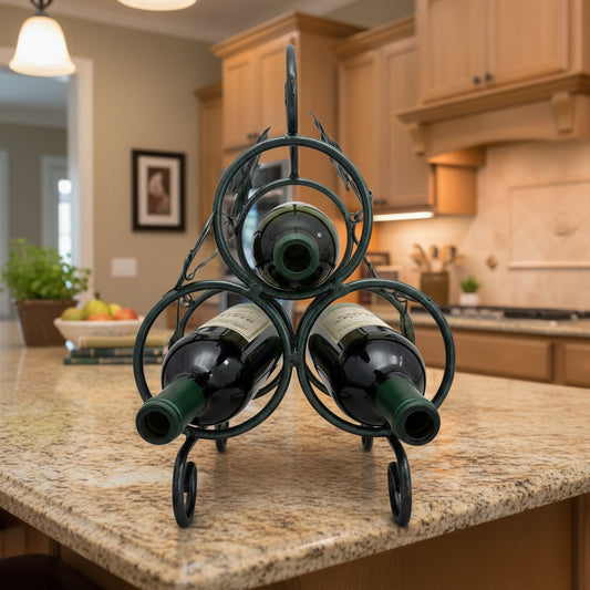 40908 - 13" Three Bottle Metal Countertop Grape Leaf Wine Rack |11-20|