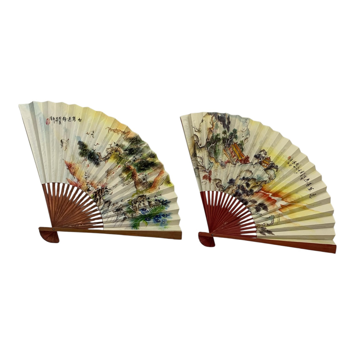 13749 - Set of Two Fan Paper Brown Trim Assorted Designs - 11 1/2" |W-31|