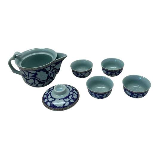 6665 - 5 pcs Blue Tea Set with White Leaves  |8-14|