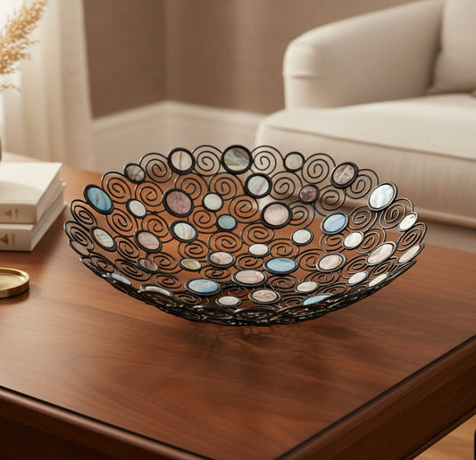 1976 - Vintage Inlaid Mother Of Pearl Retro Fifteen Inch Metal Bowl Fruit |TBD|