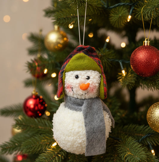 23393 - Snowman Ornament w/ Carrot Nose 5" 2-Ball Snowman Plaid Hat Grey Scarf |Pod 2-10|