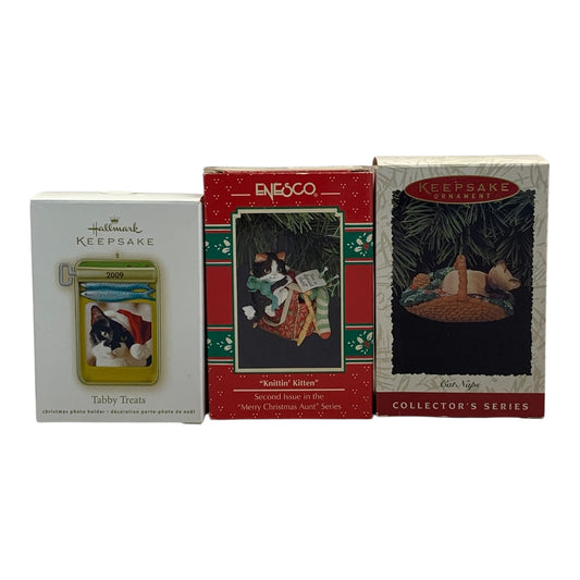 48102- Cat Christmas Ornament Lot of 3: Hallmark Keepsake Tabby Treats, Cat Naps & Enesco Knittin' Kitten 5" |TBD|