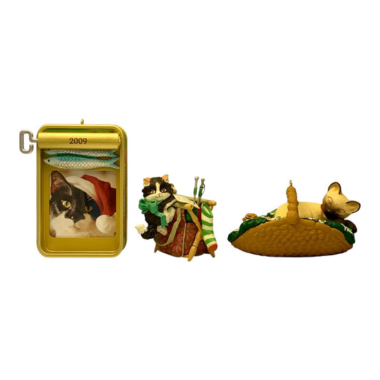 48102- Cat Christmas Ornament Lot of 3: Hallmark Keepsake Tabby Treats, Cat Naps & Enesco Knittin' Kitten 5" |TBD|