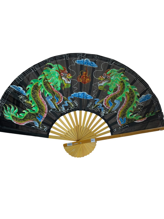 38351 - 24" Wood fan w Green Dragons Design |W-25|