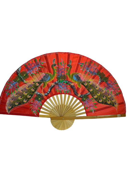 12769 - Hand Painted 40" Fabric Fan Red With Two Striking Peacocks |W-20|