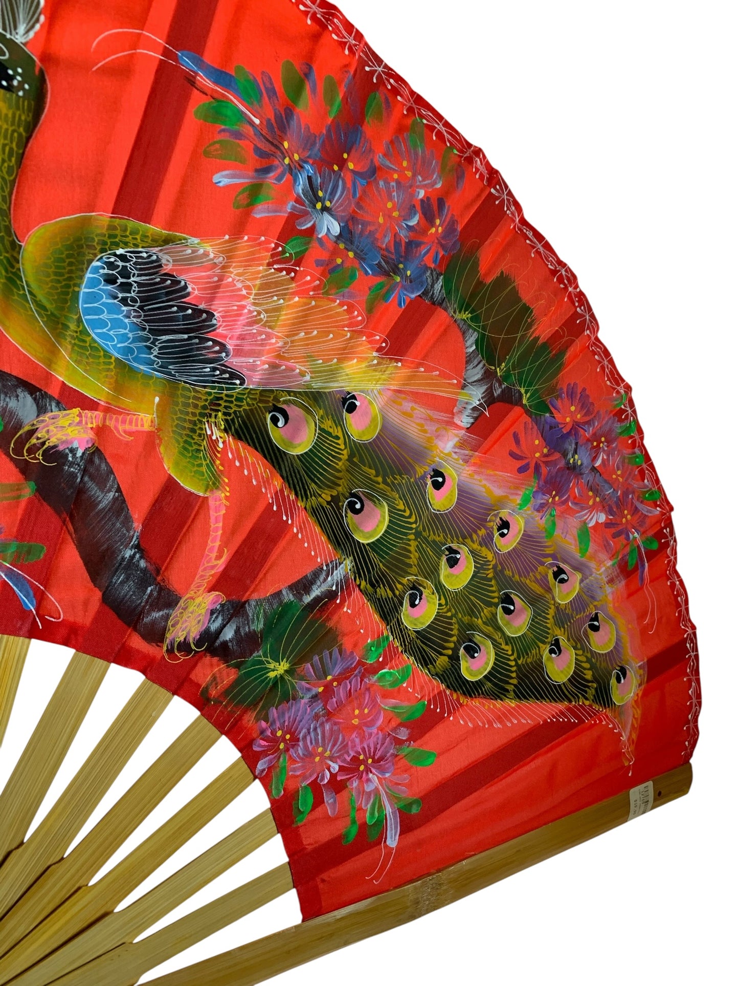 12769 - Hand Painted 40" Fabric Fan Red With Two Striking Peacocks |W-20|