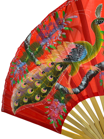 12769 - Hand Painted 40" Fabric Fan Red With Two Striking Peacocks |W-20|