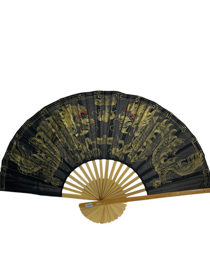 19282 - 40" Hand Painted Fabric Black Wall Fan Gold Dragons |W-24|