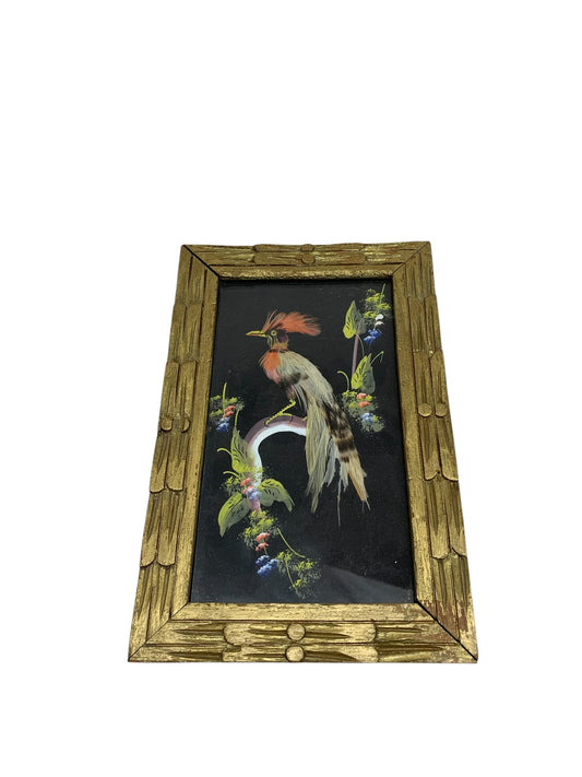 16577 - Vintage 5.5X8.5" Feather Bird Painting Framed With Glass |8-14|