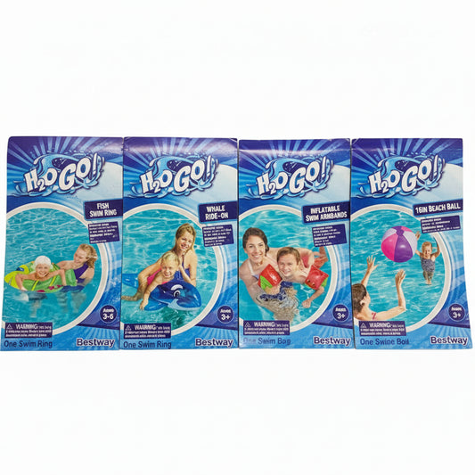 29717 - 28" Fish Swim Ring, 16" Beach Ball, Whale Ride-On, Watermelon Swim Armbands Set |TBD|