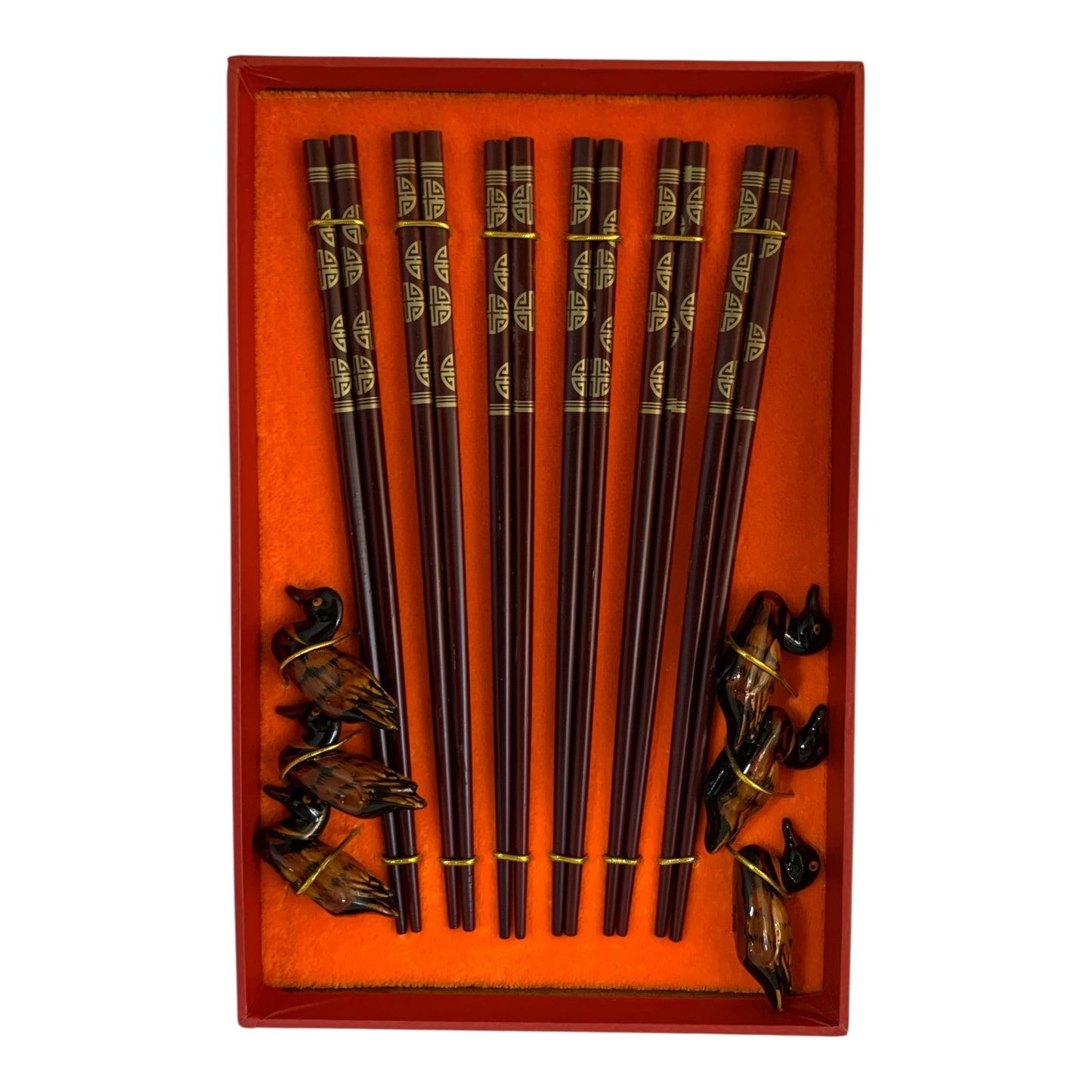 17208 - Set of 6 Oriental Chopsticks With Duck Chopstick Rests 11" |19-22|
