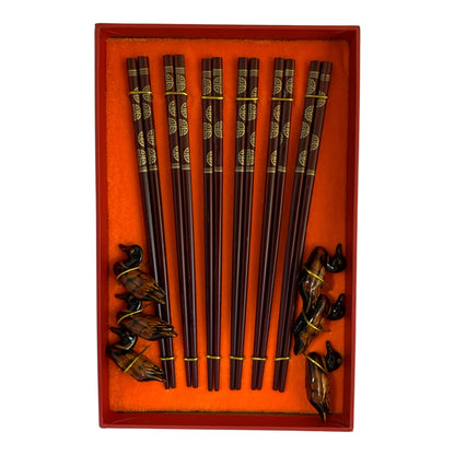 17208 - Set of 6 Oriental Chopsticks With Duck Chopstick Rests 11" |19-22|