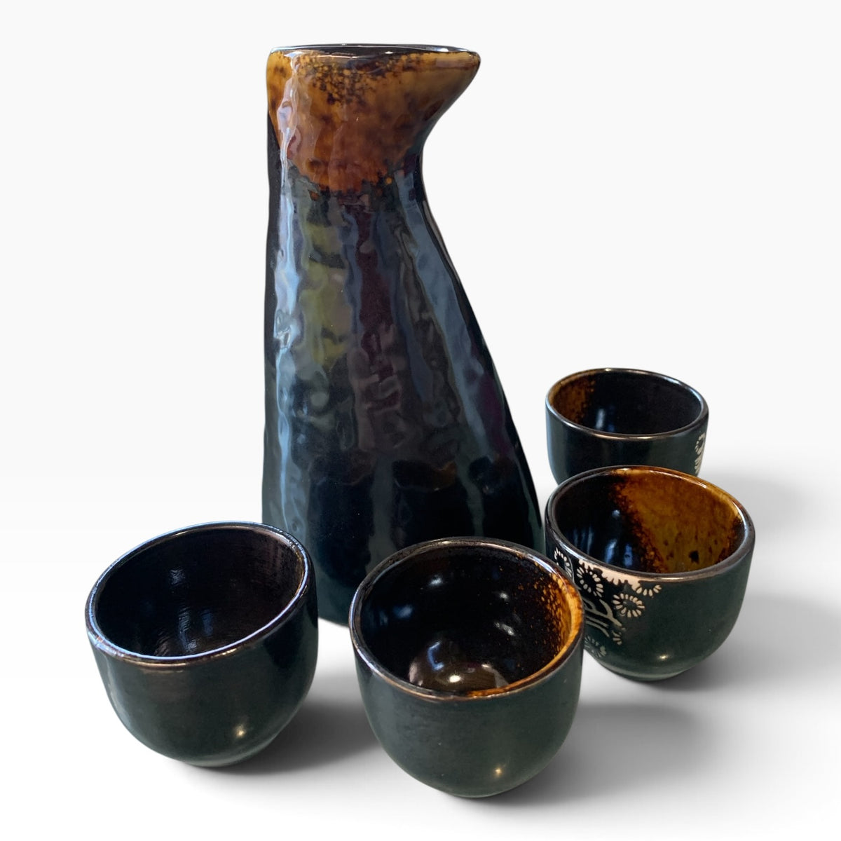 17112 - Stunning Five Piece Black Ceramic Sake Wine Port Set in Gift Box |23-2|