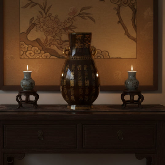34853 - 10.5" Brown Ceramic Vase With Gold Kanji |TBD|