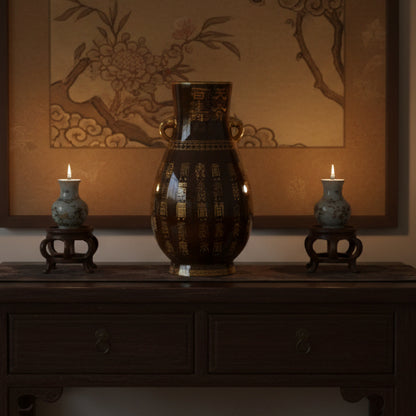 34853 - 10.5" Brown Ceramic Vase With Gold Kanji |TBD|