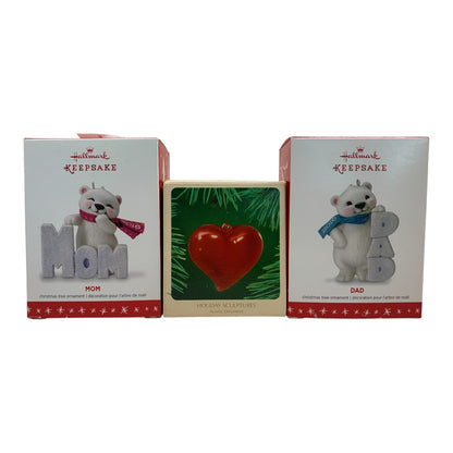 6500 - Hallmark Keepsake 2016 Mom & Dad Polar Bear Ornaments & Acrylic Heart Bundle 5" |TBD|