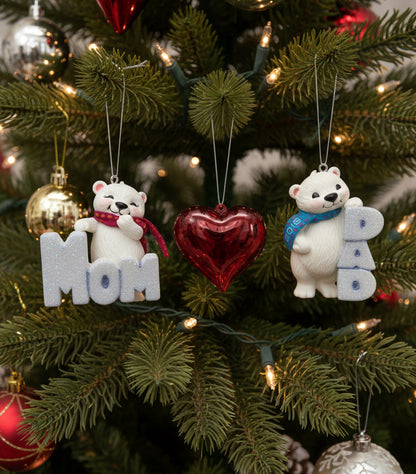 6500 - Hallmark Keepsake 2016 Mom & Dad Polar Bear Ornaments & Acrylic Heart Bundle 5" |TBD|