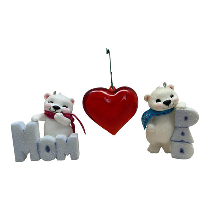 6500 - Hallmark Keepsake 2016 Mom & Dad Polar Bear Ornaments & Acrylic Heart Bundle 5" |TBD|