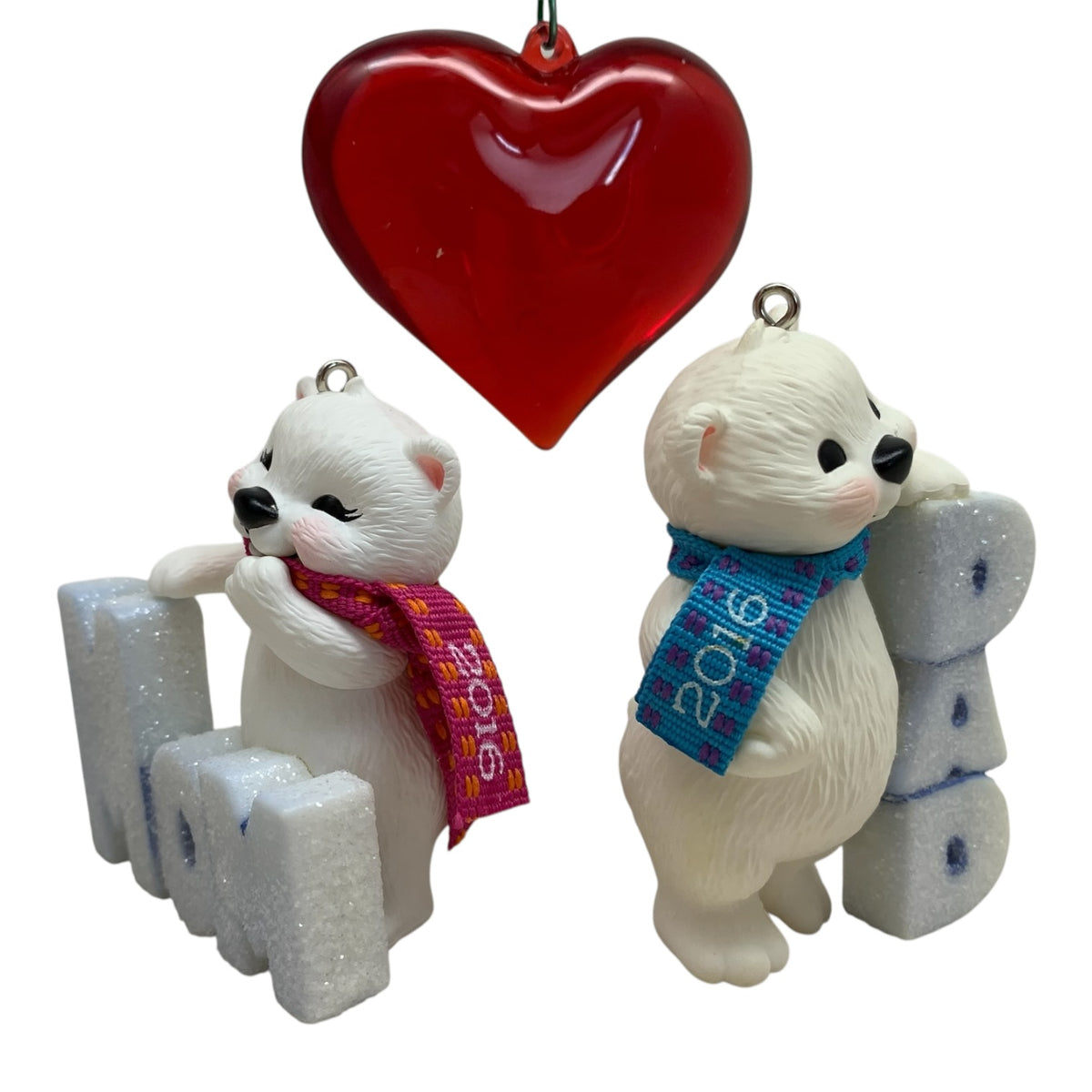 6500 - Hallmark Keepsake 2016 Mom & Dad Polar Bear Ornaments & Acrylic Heart Bundle 5" |TBD|