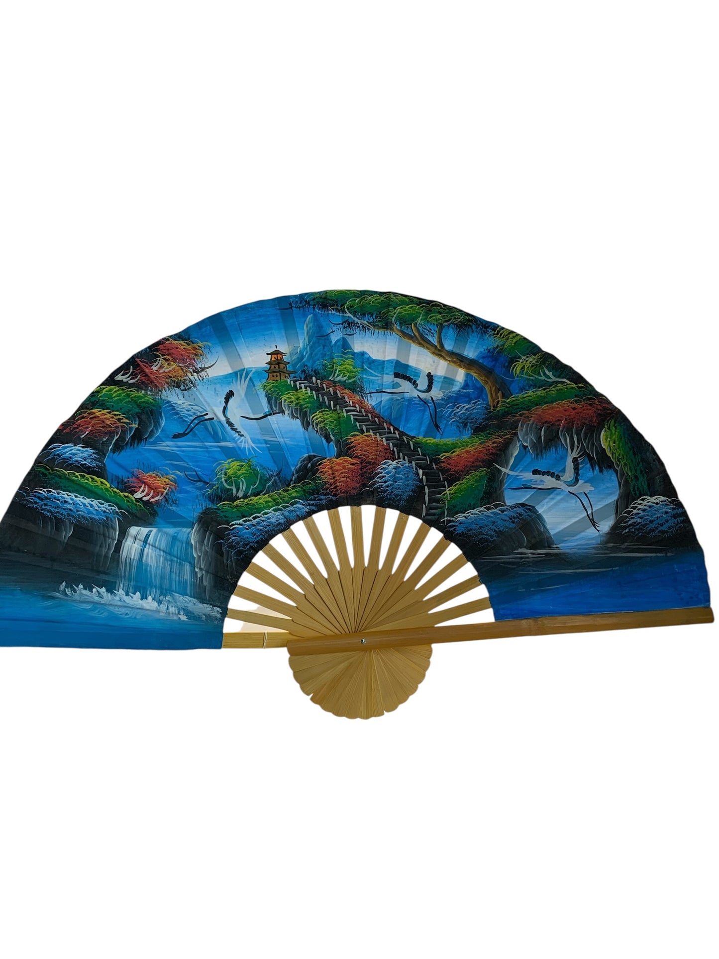 34033 - Elegant 24" Hand-Painted Chinese Wall Fan: Serene Cranes & Waterfall |TBD|