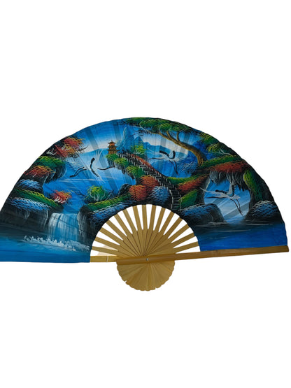 34033 - Elegant 24" Hand-Painted Chinese Wall Fan: Serene Cranes & Waterfall |TBD|