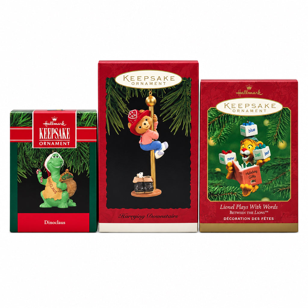 15735 - Hallmark Set of Three Dinoclaus 1991, Lionel Plays with Words, Hurring Downstairs Ornaments |TBD|
