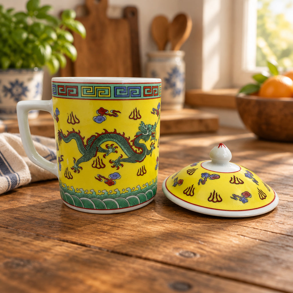 16971 - Yellow Teacup With Green Dragon 5" |F-26|