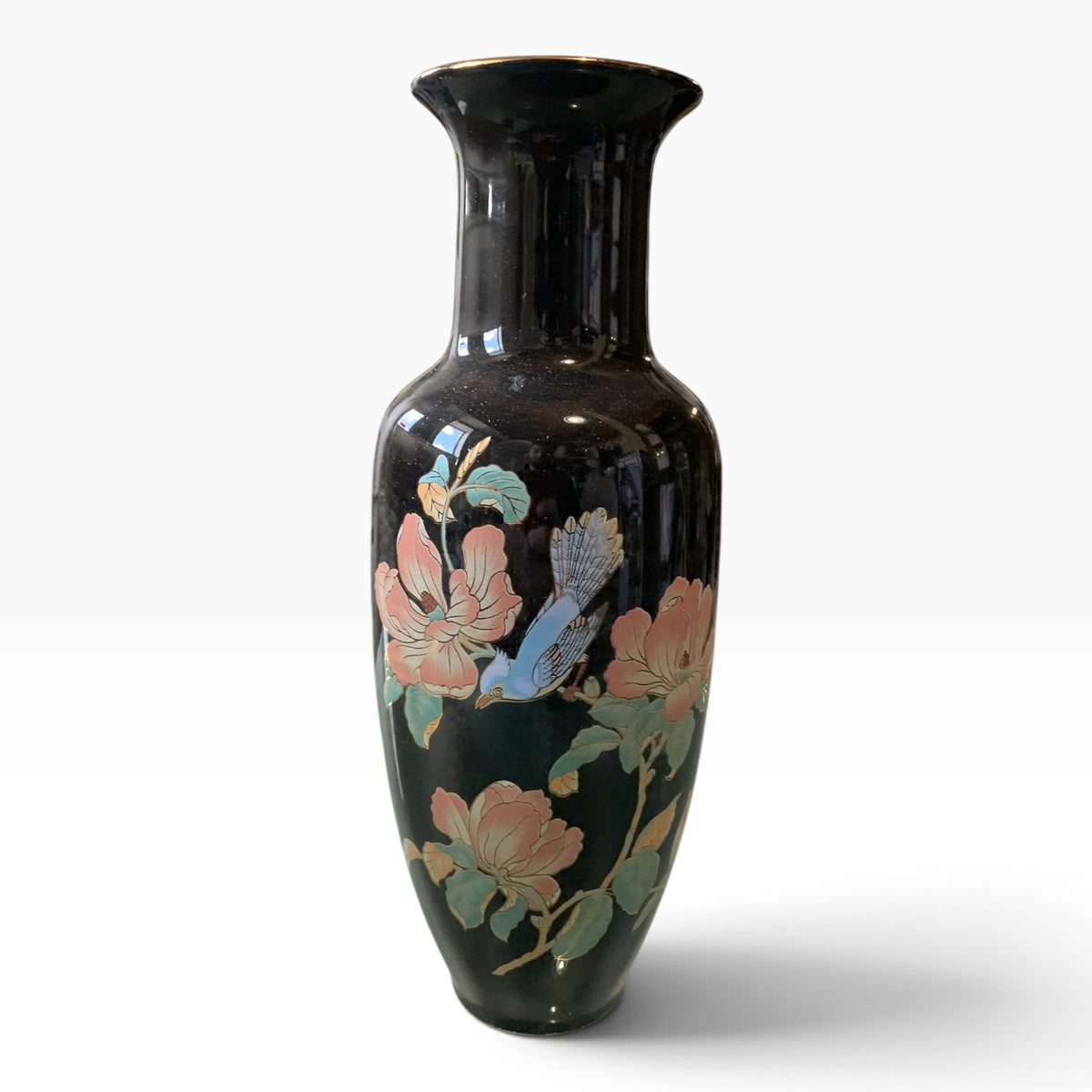 18029 - 11" Black Vase With Blue Jay Flower |23-1|