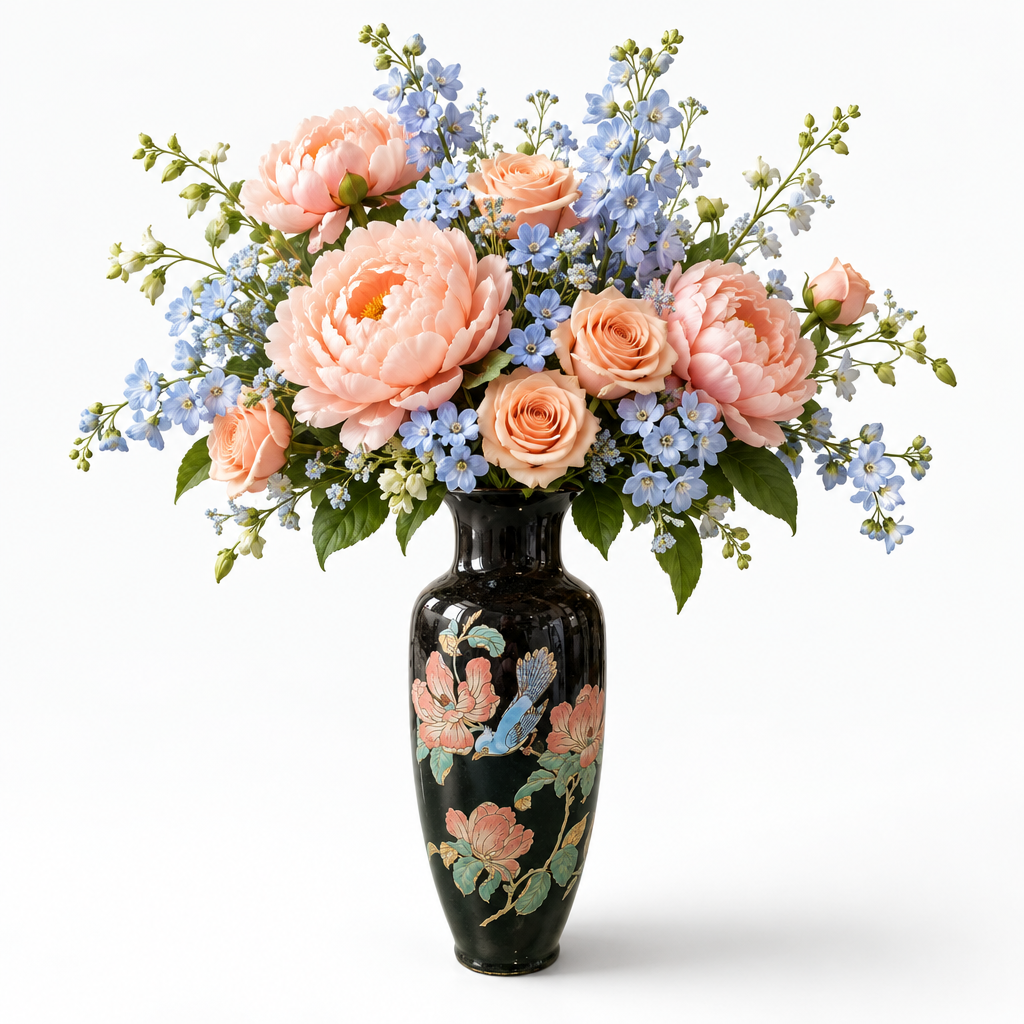 18029 - 11" Black Vase With Blue Jay Flower |23-1|