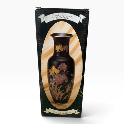 18028 - 11" Black Vase with Birds and Yellow Flowers |25-8|