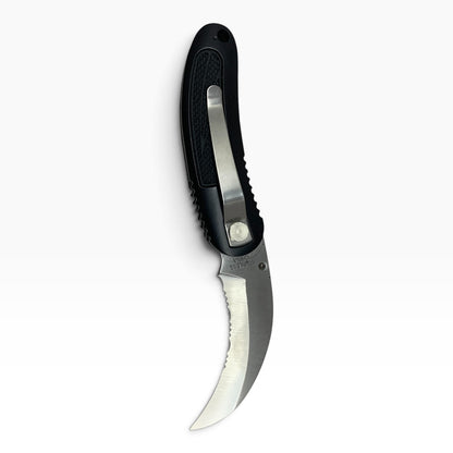 23111 - Black Serrated Folding Knife with Secure Pocket Clip – 4" Closed, 7.5" Overall Length  |85|